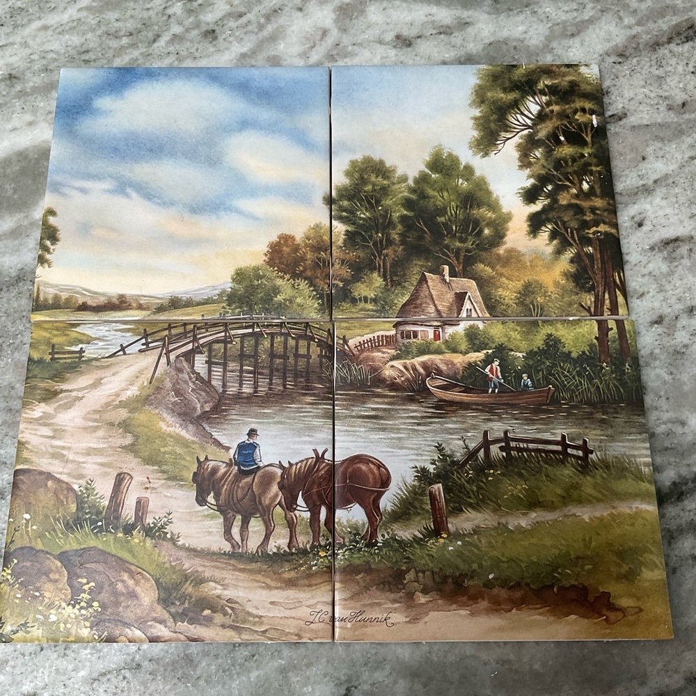 J.C. Van Hunnik scenic landscape tiles (set of four) Made in England vintage